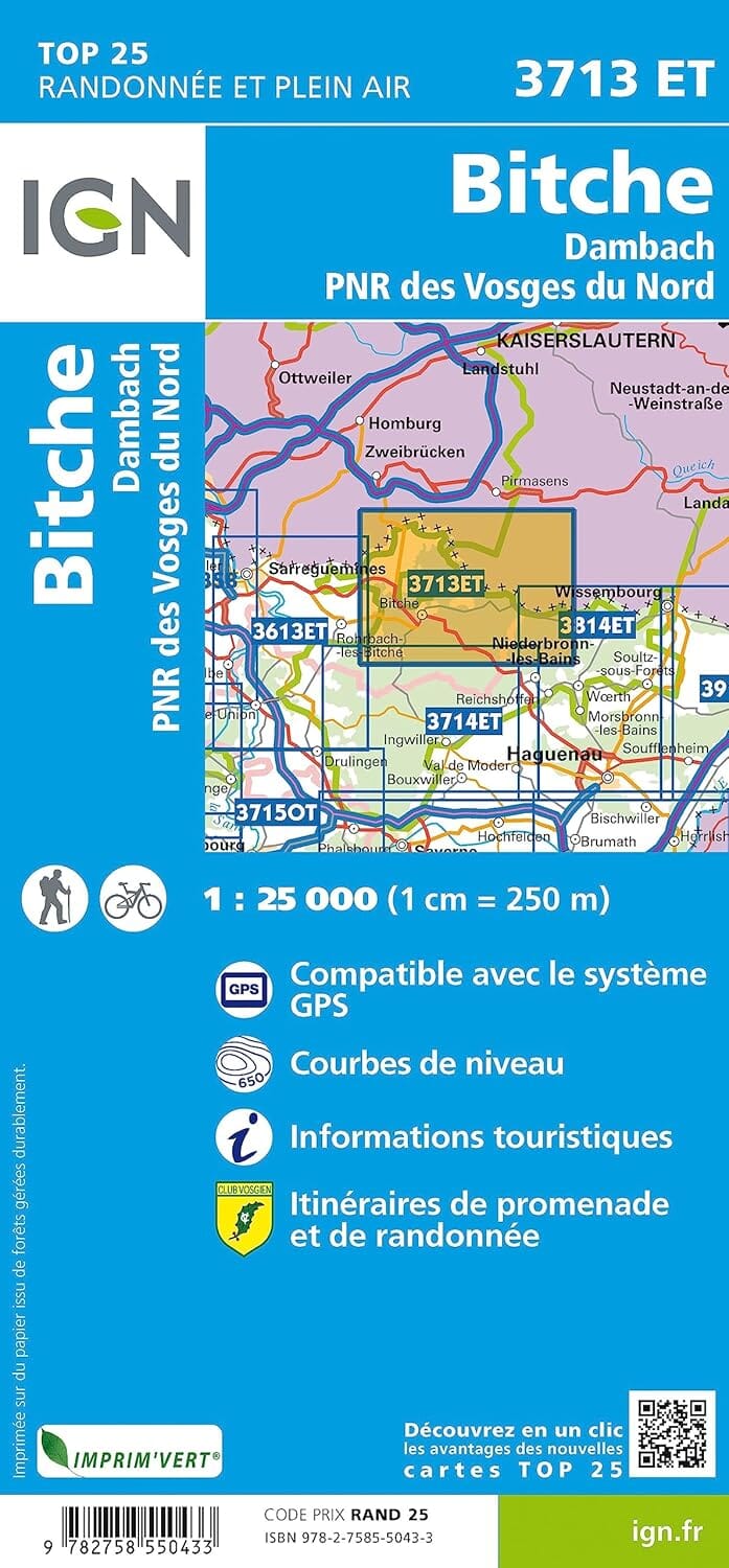 Carte de randonnée IGN TOP 25 n° 3713 ET - Bitche, Dambach, PNR des Vosges du Nord carte de randonnée IGN 