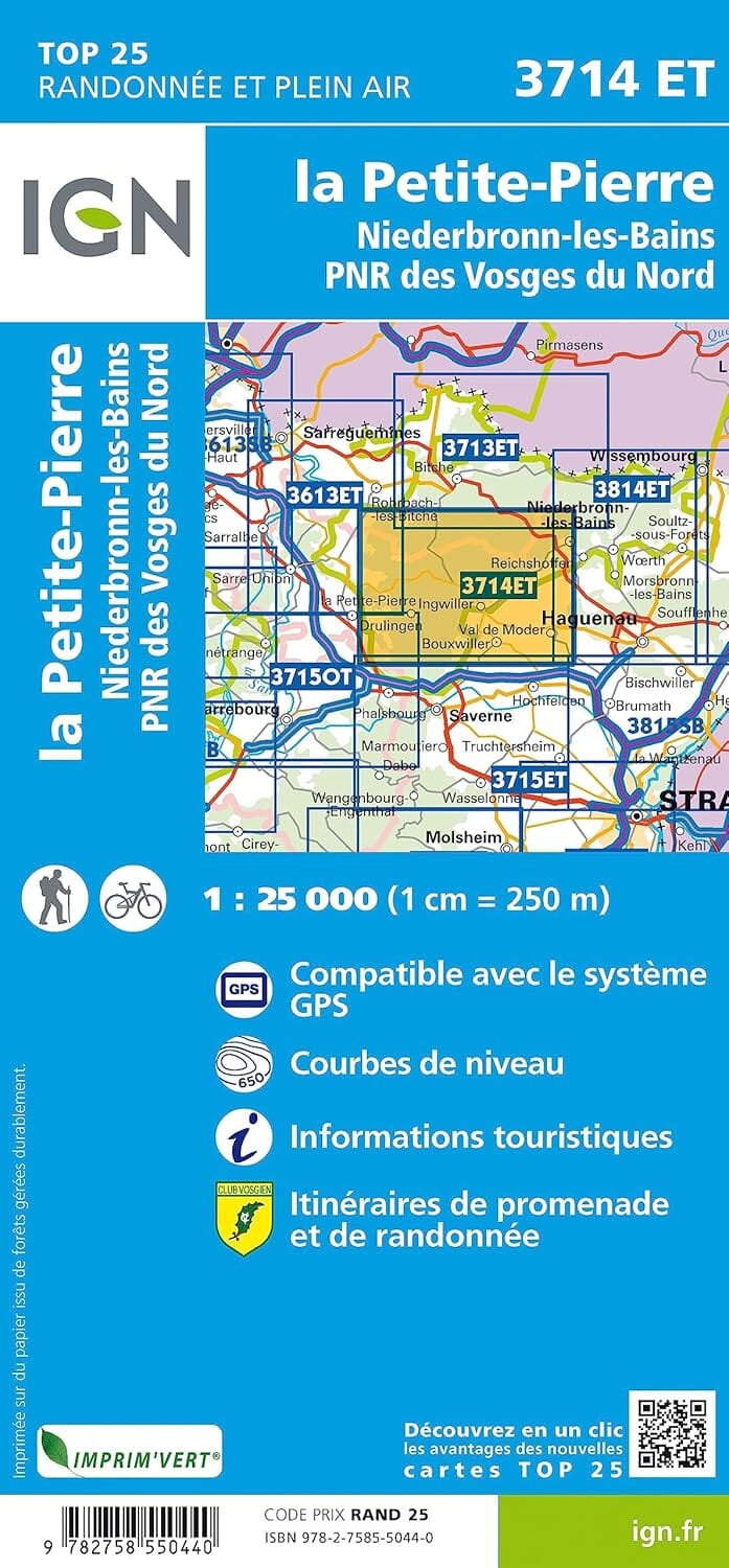 Carte de randonnée IGN TOP 25 n° 3714 ET - La Petite Pierre, Niederbronn-les-bains, PNR des Vosges du Nord carte de randonnée IGN 