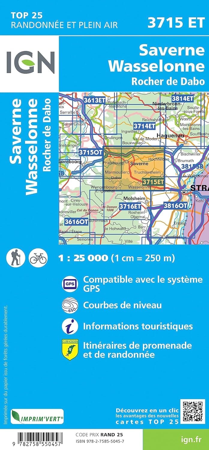 Carte de randonnée IGN TOP 25 n° 3715 ET - Saverne, Wasselonne, Rocher de Dabo carte de randonnée IGN 