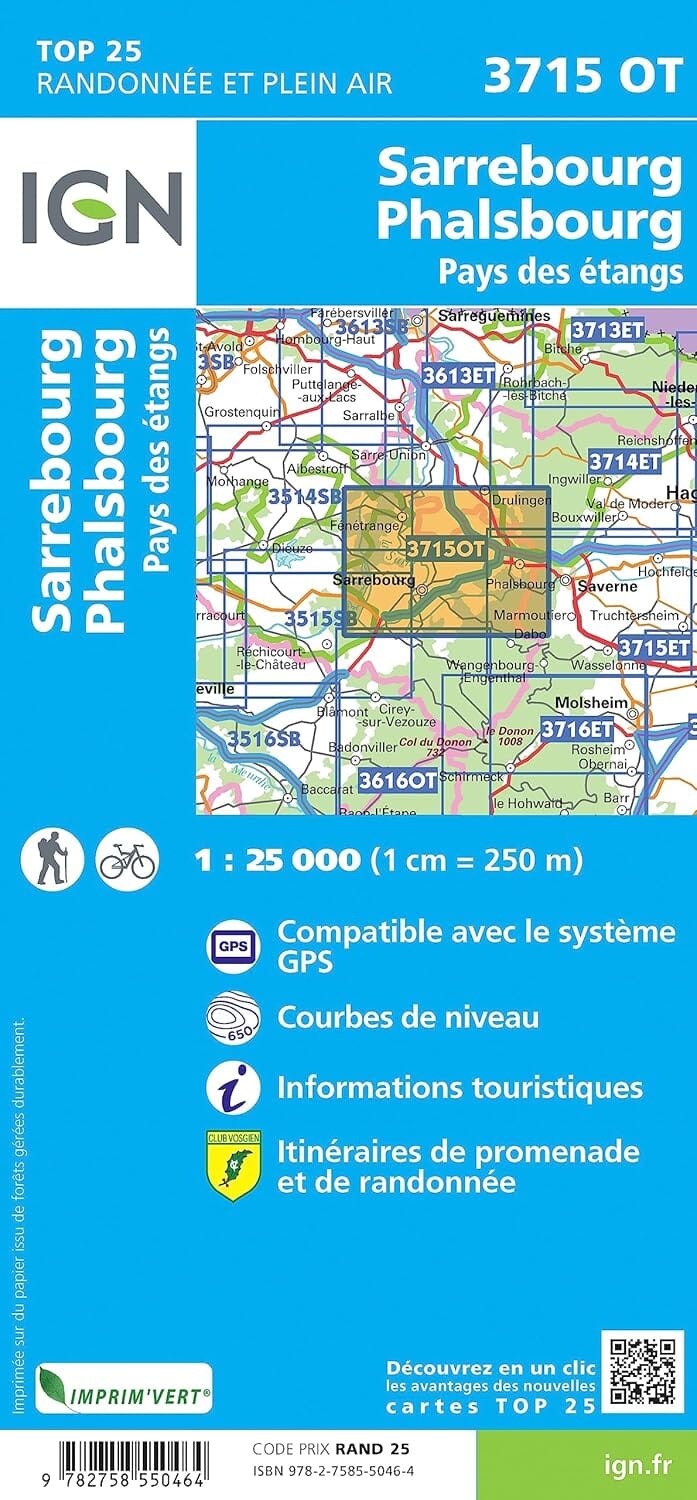 Carte de randonnée IGN TOP 25 n° 3715 OT - Sarrebourg, Phalsbourg, Pays des étangs carte de randonnée IGN 