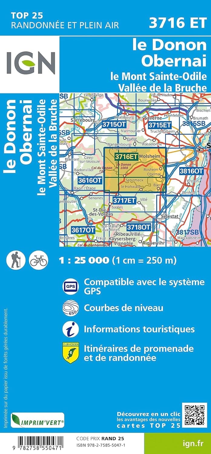 Carte de randonnée IGN TOP 25 n° 3716 ET - Le Donon, Obernai, Mont Sainte-Odile, Vallée de la Bruche carte de randonnée IGN 