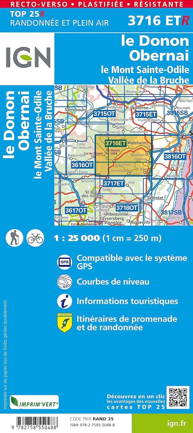 Carte de randonnée IGN TOP 25 n° 3716 ETR (Résistante) - Le Donon, Obernai, Mont Sainte-Odile, Vallée de la Bruche carte de randonnée IGN 