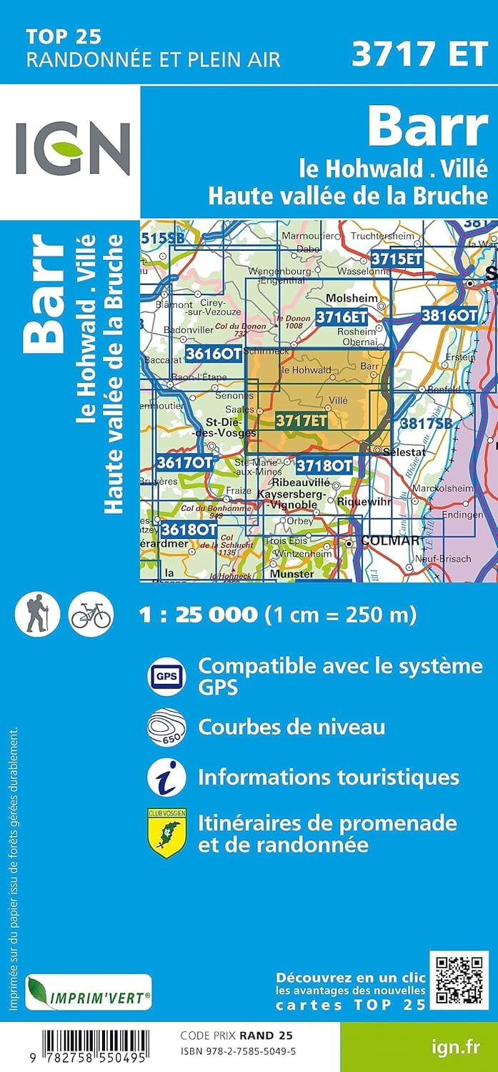 Carte de randonnée IGN TOP 25 n° 3717 ET - Barr, le Hohwald, Villé & Haute vallée de la Bruche carte de randonnée IGN 