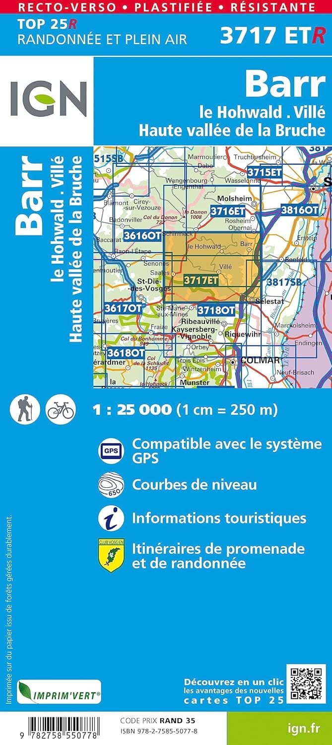 Carte de randonnée IGN TOP 25 n° 3717 ETR (résistante) - Barr, le Hohwald, Villé & Haute vallée de la Bruche carte de randonnée IGN 