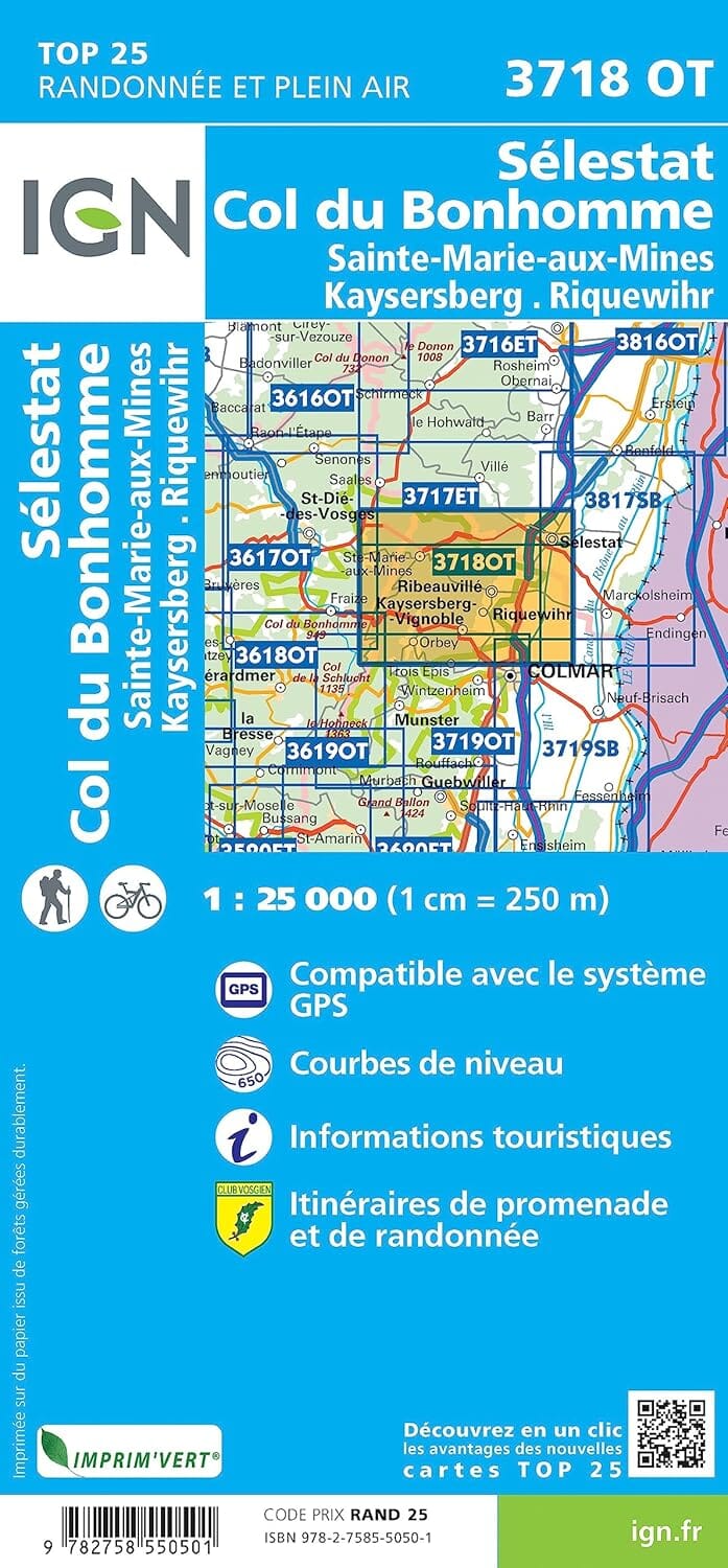 Carte de randonnée IGN TOP 25 n° 3718 OT - Sélestat, Col du Bonhomme, Sainte-Marie-aux-Mines, Kaysersberg, Riquewihr carte de randonnée IGN 
