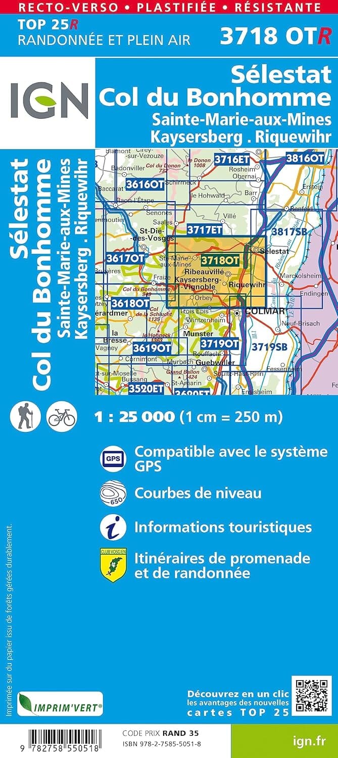 Carte de randonnée IGN TOP 25 n° 3718 OTR (Résistante) - Sélestat, Col du Bonhomme, Sainte-Marie-aux-Mines, Kaysersberg, Riquewihr carte de randonnée IGN 