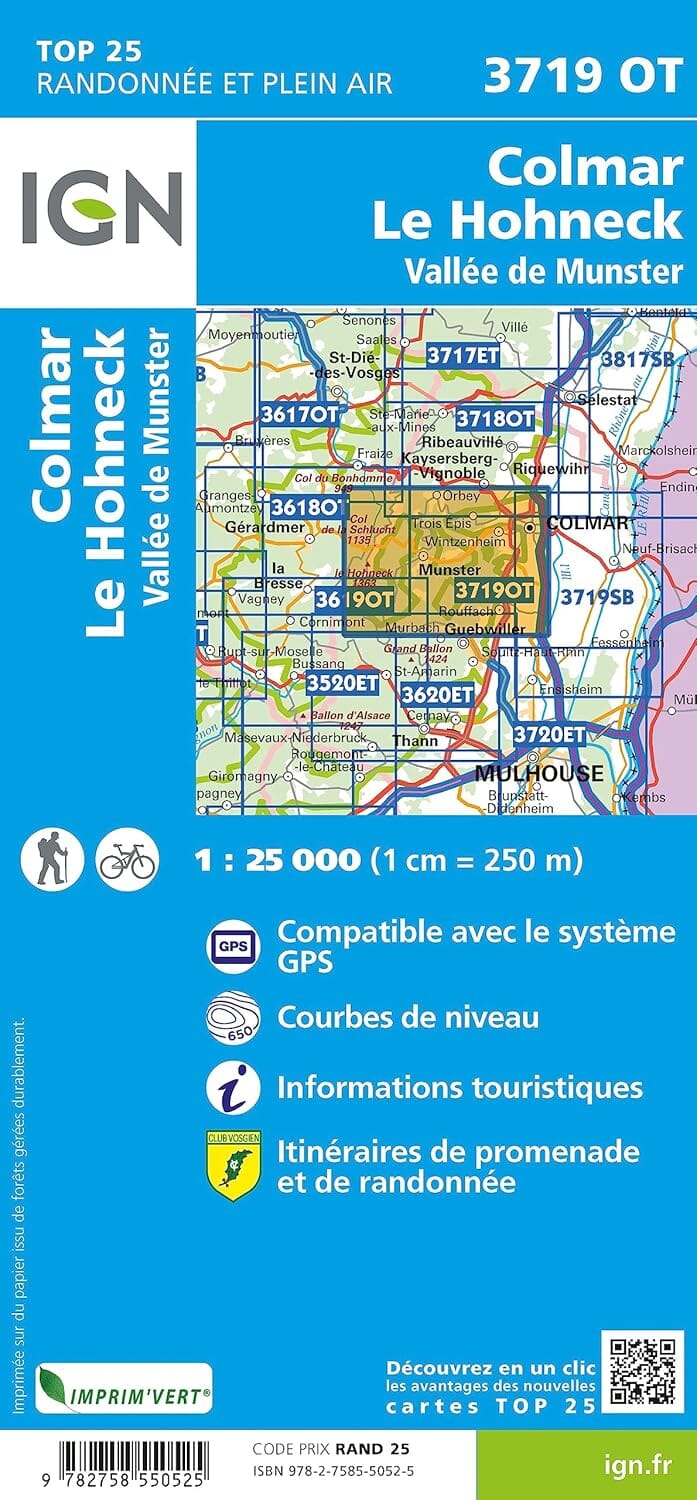 Carte de randonnée IGN TOP 25 n° 3719 OT - Colmar, Le Hohneck, Munster, Vallée de Munster carte de randonnée IGN 