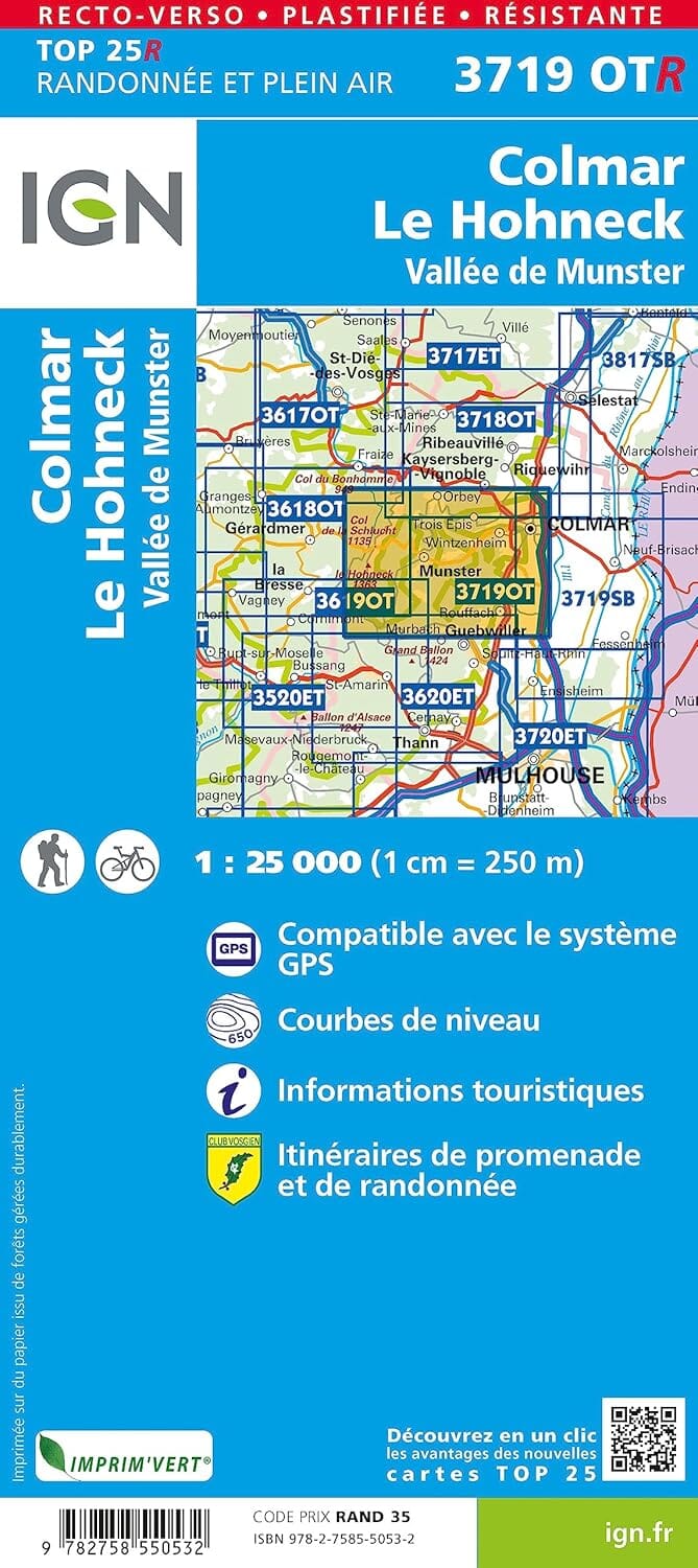 Carte de randonnée IGN TOP 25 n° 3719 OTR (Résistante) - Colmar, Le Hohneck, Vallée de Munster carte de randonnée IGN 