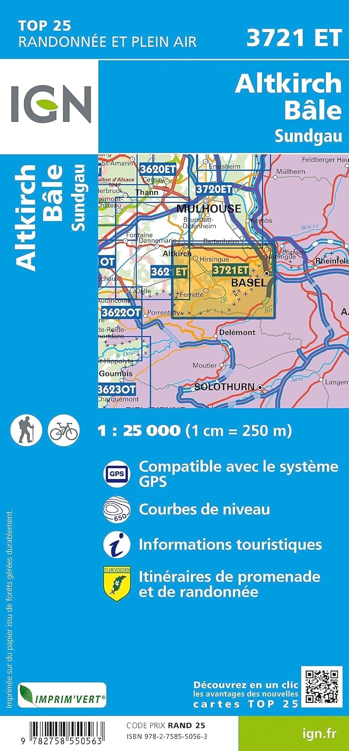 Carte de randonnée IGN TOP 25 n° 3721 ET - Altkirch, Bâle, Sundgau carte de randonnée IGN 