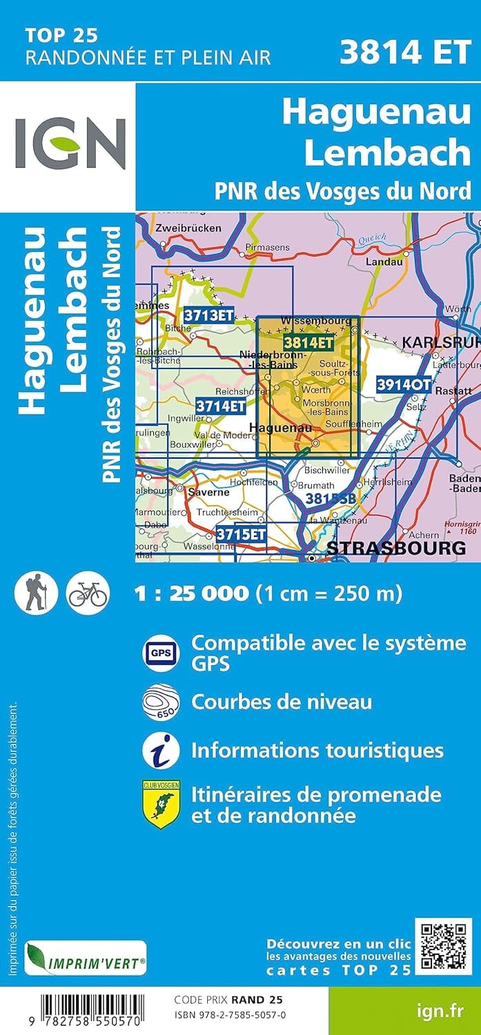 Carte de randonnée IGN TOP 25 n° 3814 ET - Haguenau, Lembach, PNR des Vosges du Nord carte de randonnée IGN 
