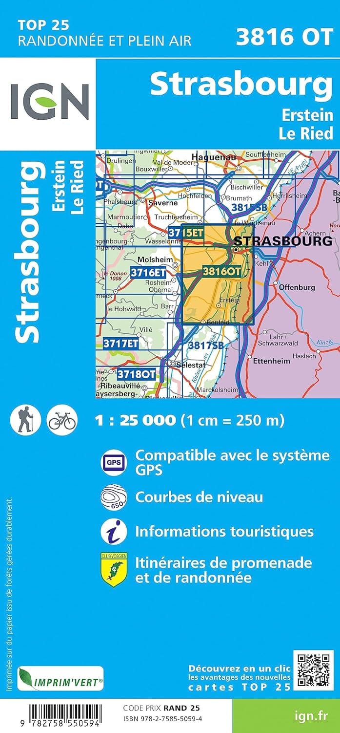 Carte de randonnée IGN TOP 25 n° 3816 OT - Strasbourg, Erstein, le Ried carte de randonnée IGN 