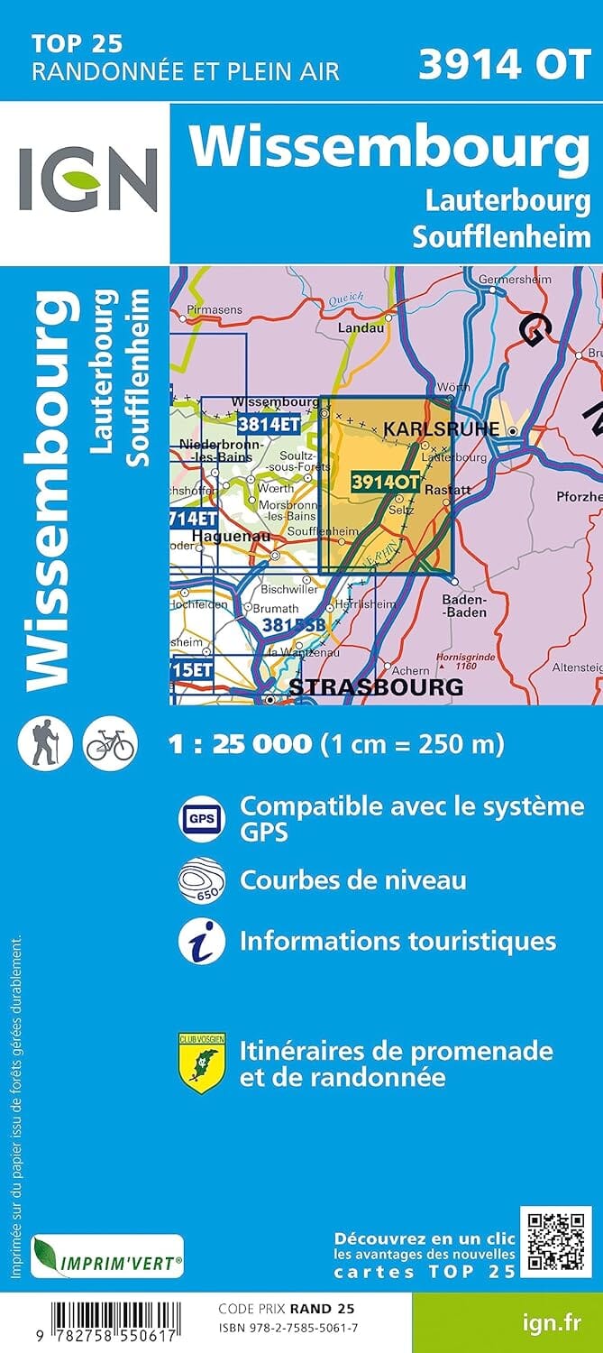 Carte de randonnée IGN TOP 25 n° 3914 OT - Wissembourg, Lauterbourg, Soufflenheim carte de randonnée IGN 