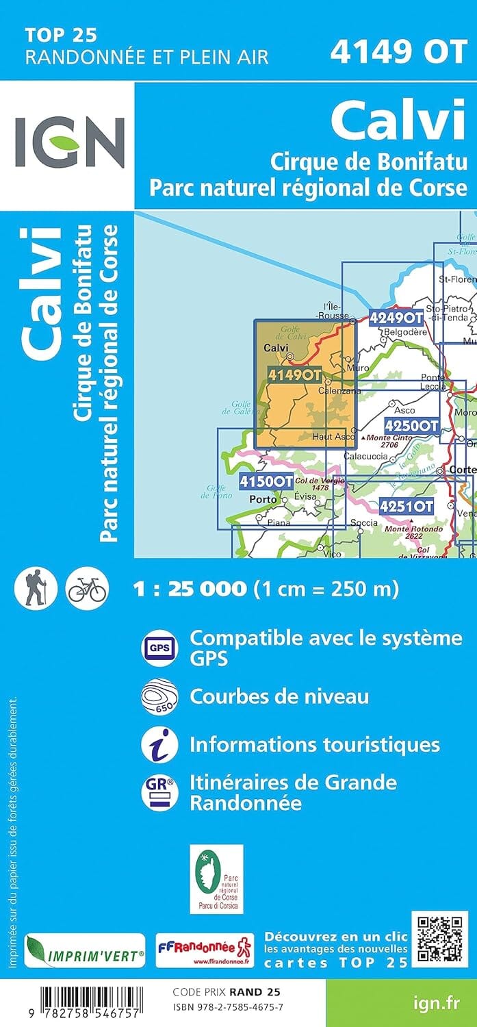 Carte de randonnée IGN TOP 25 n° 4149 OT - Calvi, Cirque de Bonifatu (PNR de Corse) carte de randonnée IGN 