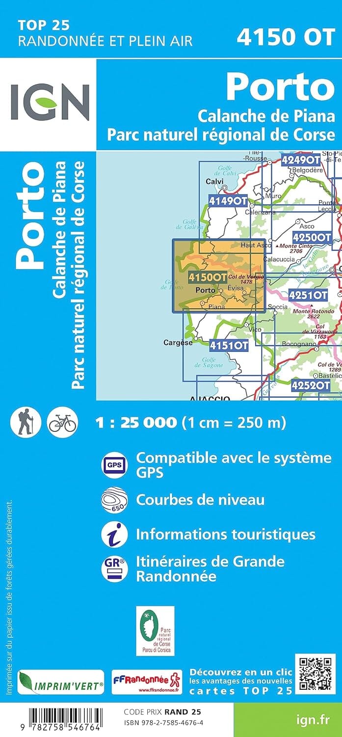 Carte de randonnée IGN TOP 25 n° 4150 OT - Porto, Calanche de Piana (PNR de Corse) carte de randonnée IGN 