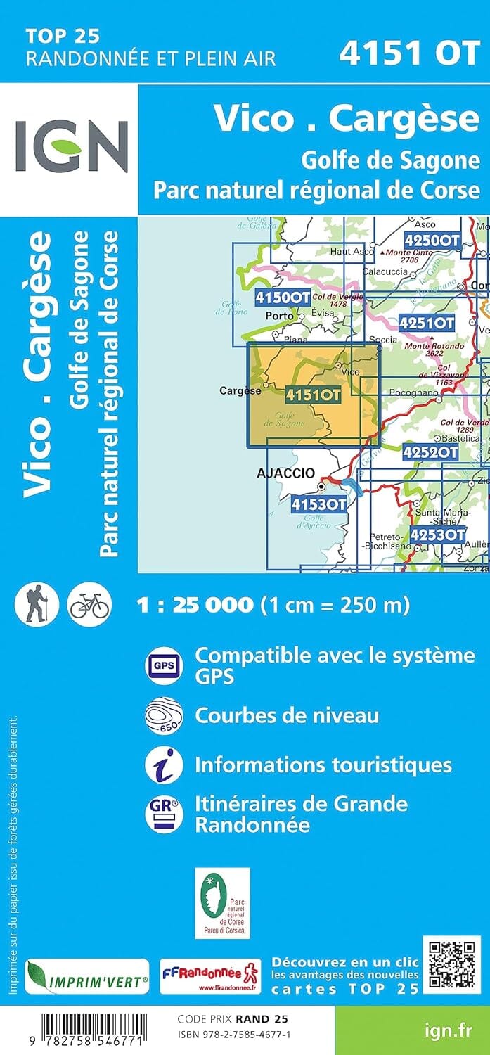 Carte de randonnée IGN TOP 25 n° 4151 OT - Vico, Cargese, Golfe de Sagone (PNR de Corse) carte de randonnée IGN 