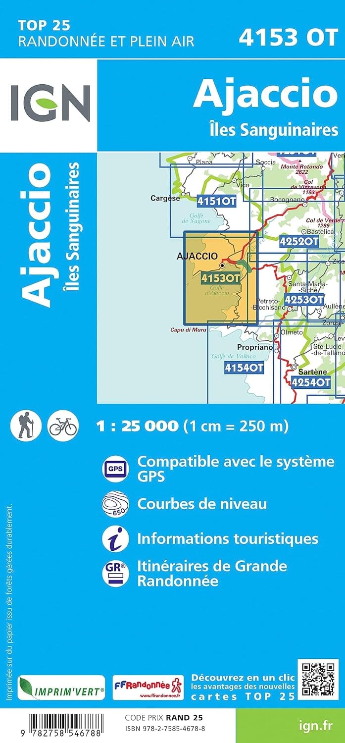 Carte de randonnée IGN TOP 25 n° 4153 OT - Ajaccio, Iles Sanguinaires carte de randonnée IGN 