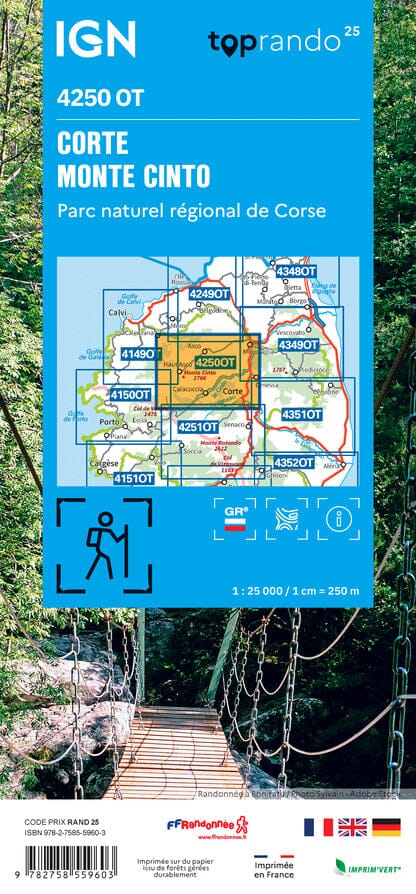 Carte de randonnée IGN TOP 25 n° 4250 OT - Corte, Monte Cinto, PNR de Corse carte de randonnée IGN 