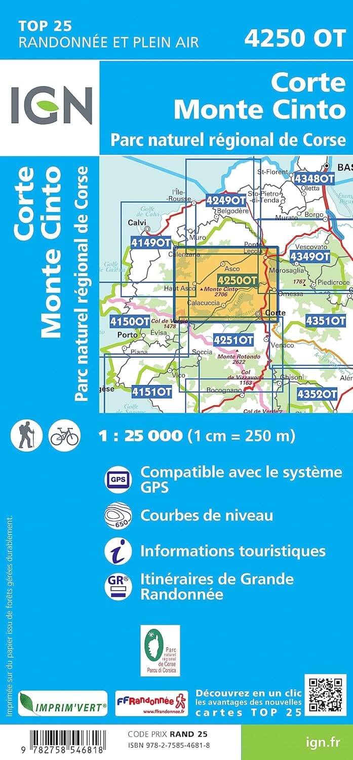 Carte de randonnée IGN TOP 25 n° 4250 OT - Corte, Monte Cinto, PNR de Corse carte de randonnée IGN 