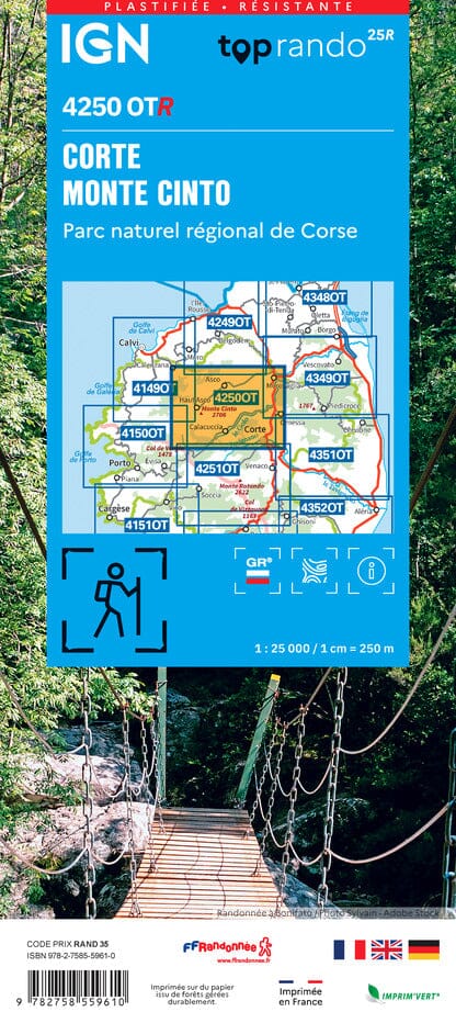 Carte de randonnée IGN TOP 25 n° 4250 OTR (Résistante) - Corte & Monte Cinto (PNR de Corse) carte de randonnée IGN 