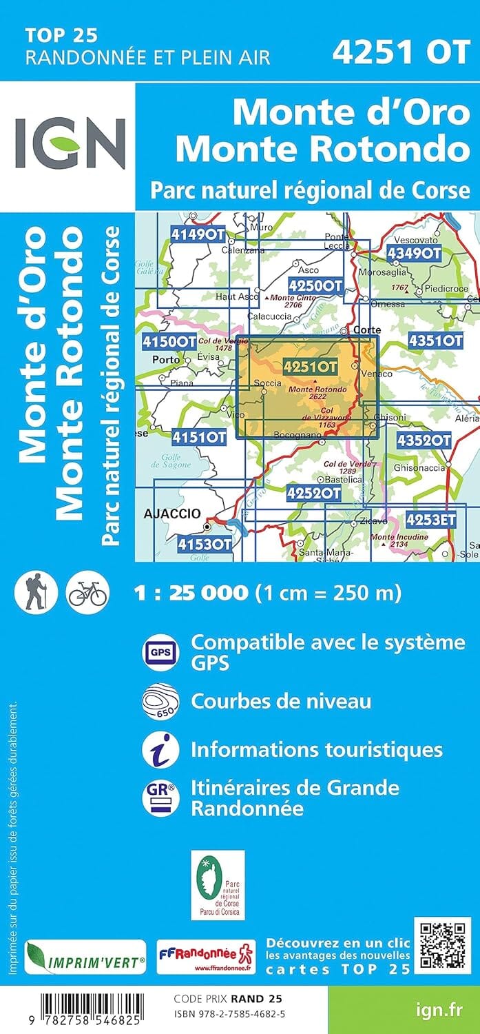 Carte de randonnée IGN TOP 25 n° 4251 OT - Monte d'Oro, Monte Rotondo (PNR de Corse) carte de randonnée IGN 