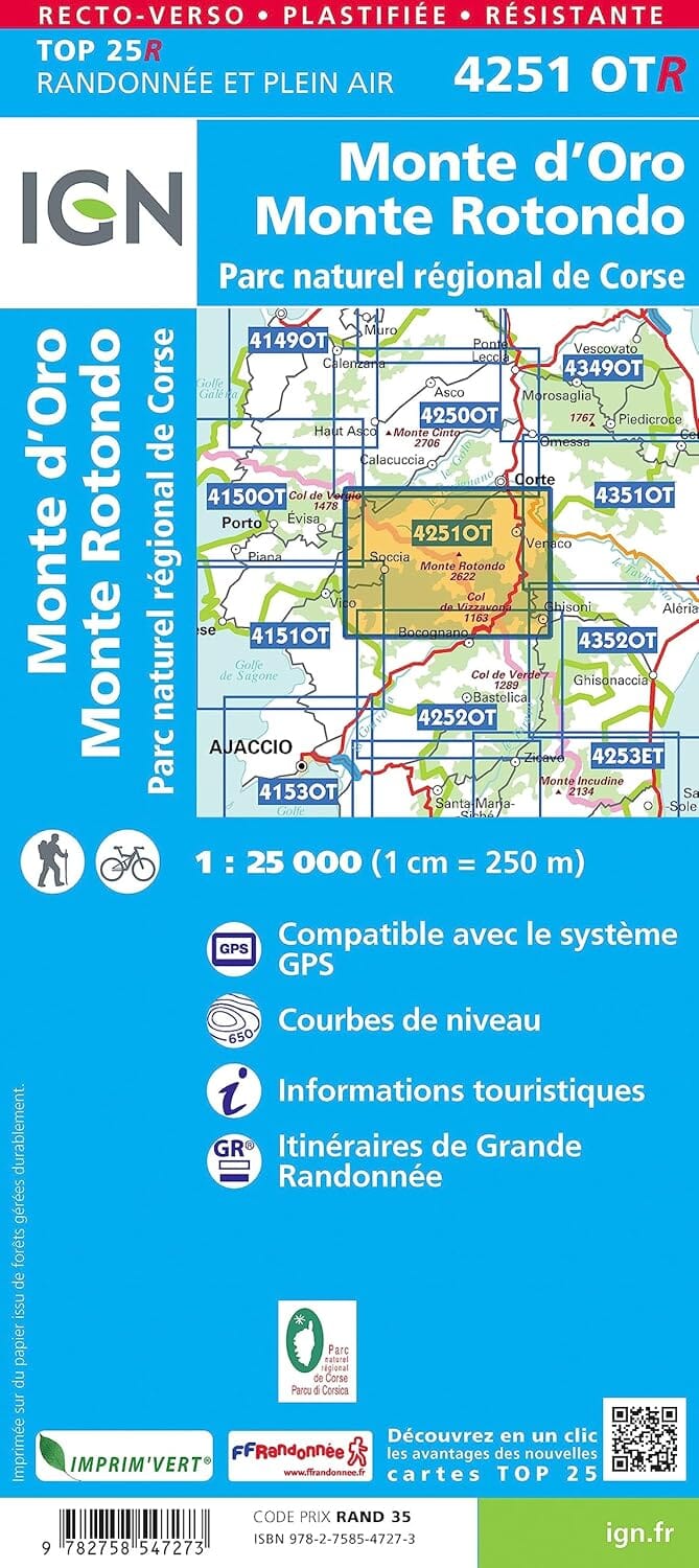 Carte de randonnée IGN TOP 25 n° 4251 OTR - Monte d'Oro, Monte Rotondo (PNR de Corse) carte de randonnée IGN 