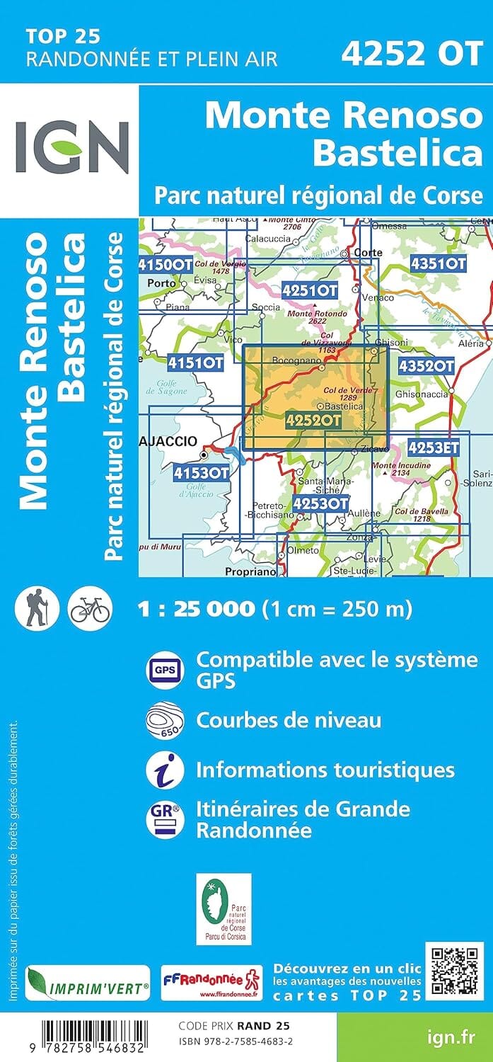 Carte de randonnée IGN TOP 25 n° 4252 OT - Monte Renoso, Bastelica (PNR de Corse) carte de randonnée IGN 