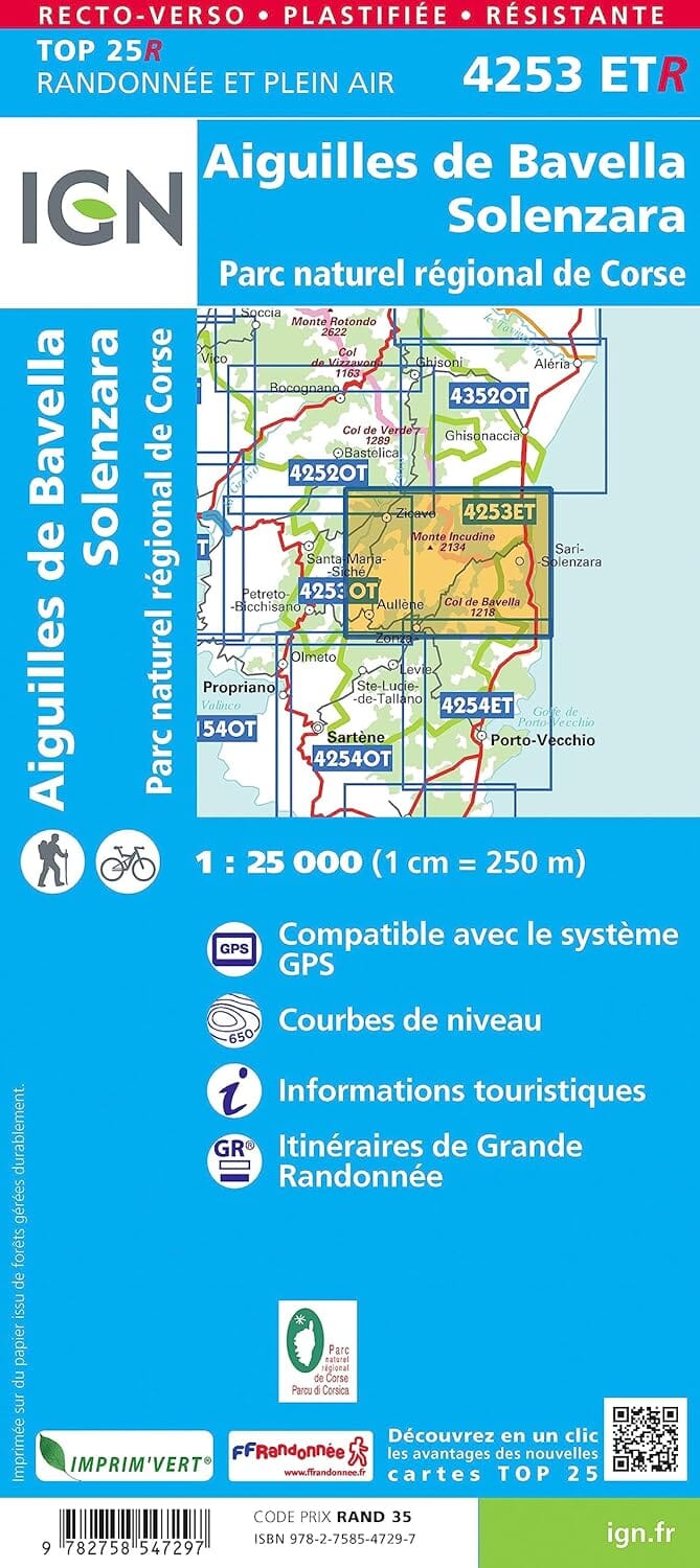 Carte de randonnée IGN TOP 25 n° 4253 ETR (résistante) - Aiguilles de Bavella, Solenzara (PNR de Corse) carte de randonnée IGN 