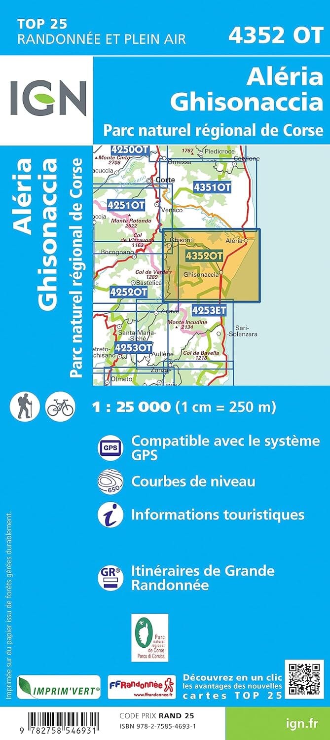 Carte de randonnée IGN TOP 25 n° 4352 OT - Aléria, Ghisonaccia (PNR de Corse) carte de randonnée IGN 