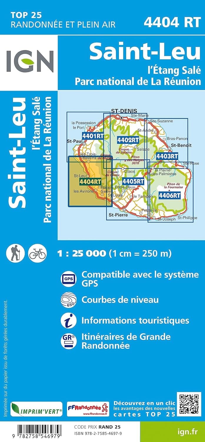 Carte de randonnée IGN TOP 25 n° 4404 RT - Saint Leu, l'Etang Salé (Ile de La Réunion, Sud-Ouest) carte de randonnée IGN 