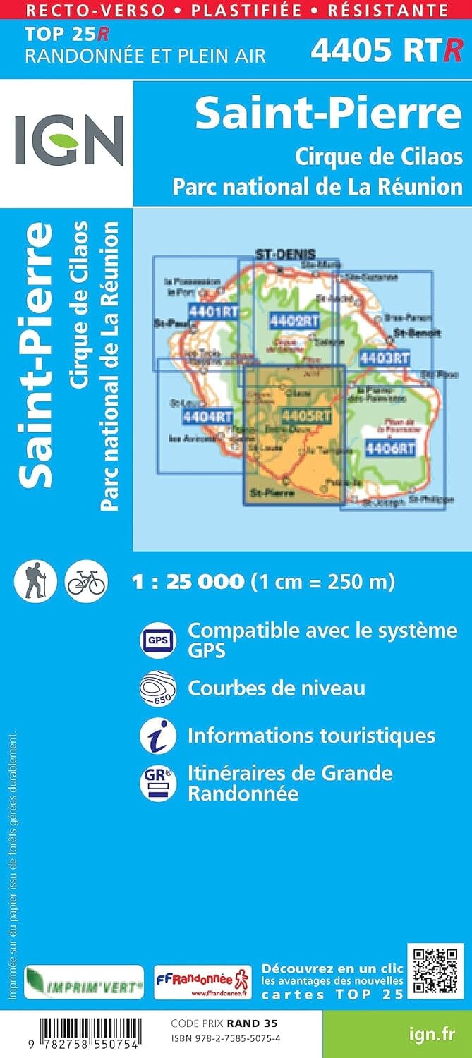 Carte de randonnée IGN TOP 25 n° 4405 RTR (résistante) - Saint Pierre, Cirque de Cilaos (Ile de la Réunion, Centre et Sud) carte de randonnée IGN 
