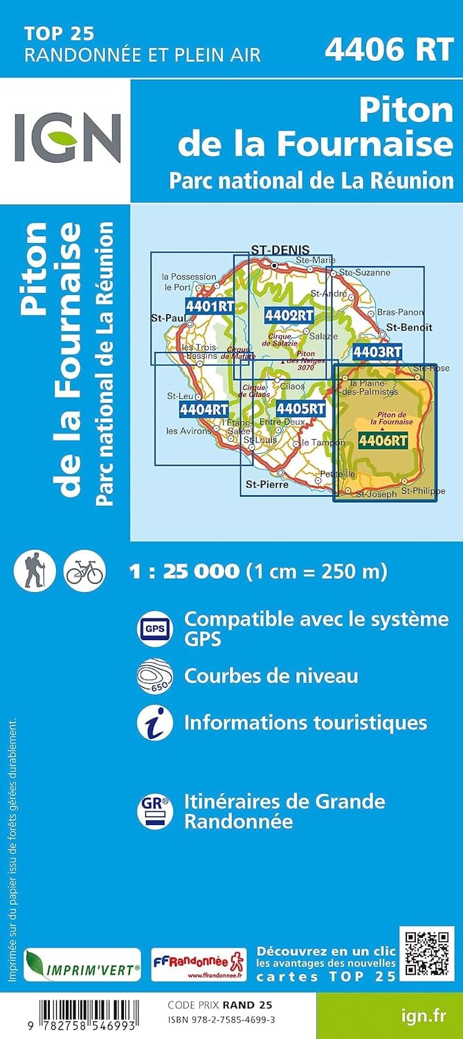 Carte de randonnée IGN TOP 25 n° 4406 RT - Piton de la Fournaise (Ile de la Réunion) carte de randonnée IGN 