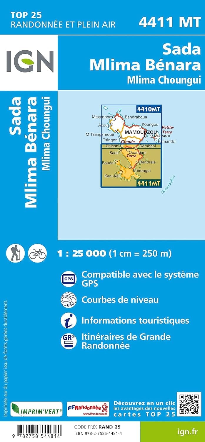 Carte de randonnée IGN TOP 25 n° 4411 MT - Mayotte Sud (archipel des Comores), Sada, Mlima Bénara, Mlima ChounguiI carte de randonnée IGN 