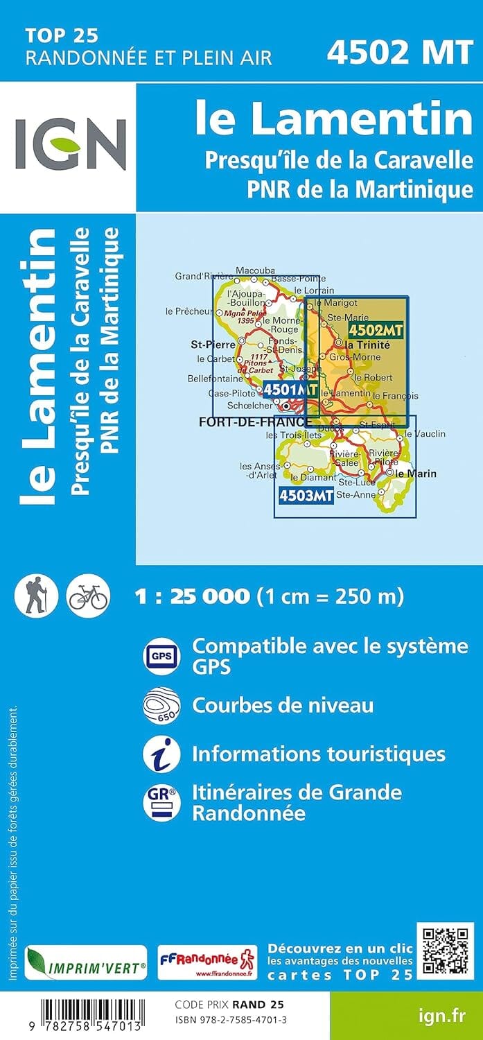 Carte de randonnée IGN TOP 25 n° 4502 MT - Martinique Centre : Le Lamentin, Presqu'île de la Caravelle carte de randonnée IGN 