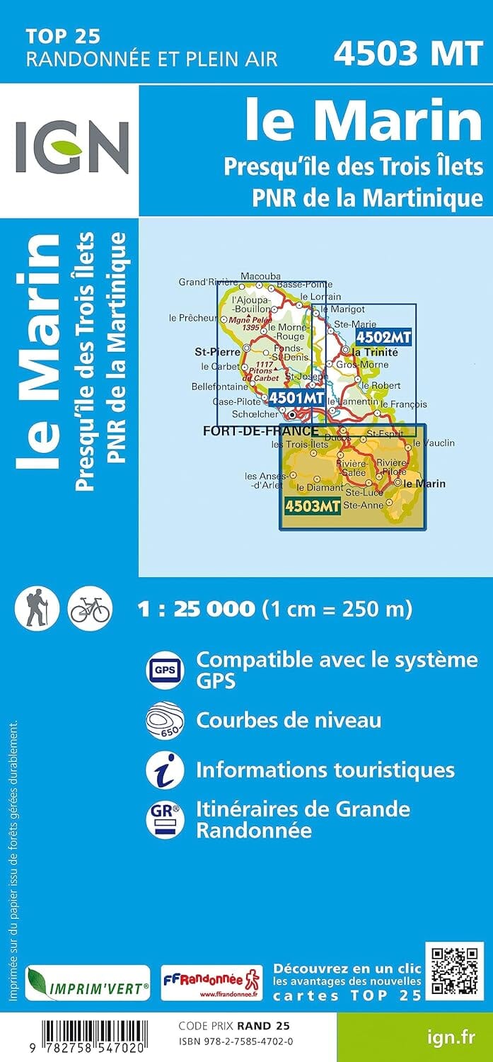 Carte de randonnée IGN TOP 25 n° 4503 MT - Martinique Sud : le Marin, presqu'île des Trois Îlets carte de randonnée IGN 