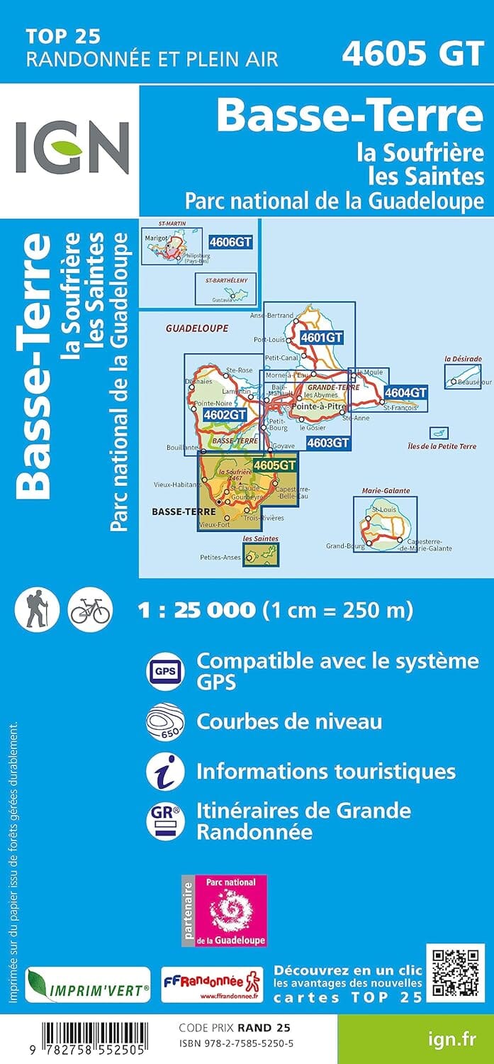 Carte de randonnée IGN TOP 25 n° 4605 GT - Basse-Terre, la Souffrière, les Saintes, PN de la Guadeloupe (Guadeloupe) carte de randonnée IGN 