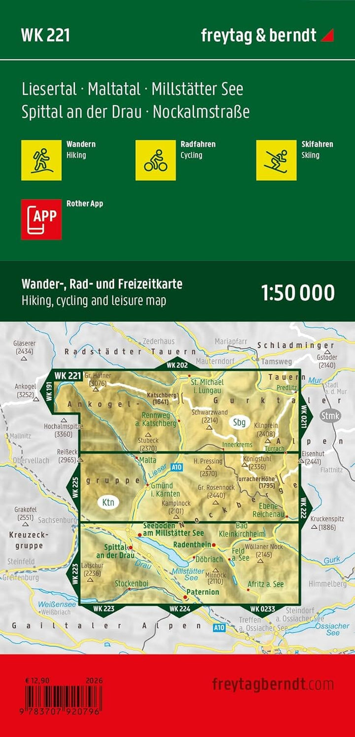Carte de randonnée - Liesertal, Maltatal, lac Millstätter See, Spittal an der Drau & route alpine Nockalmstraße, n° WK221 | Freytag & Berndt carte de randonnée Freytag & Berndt 