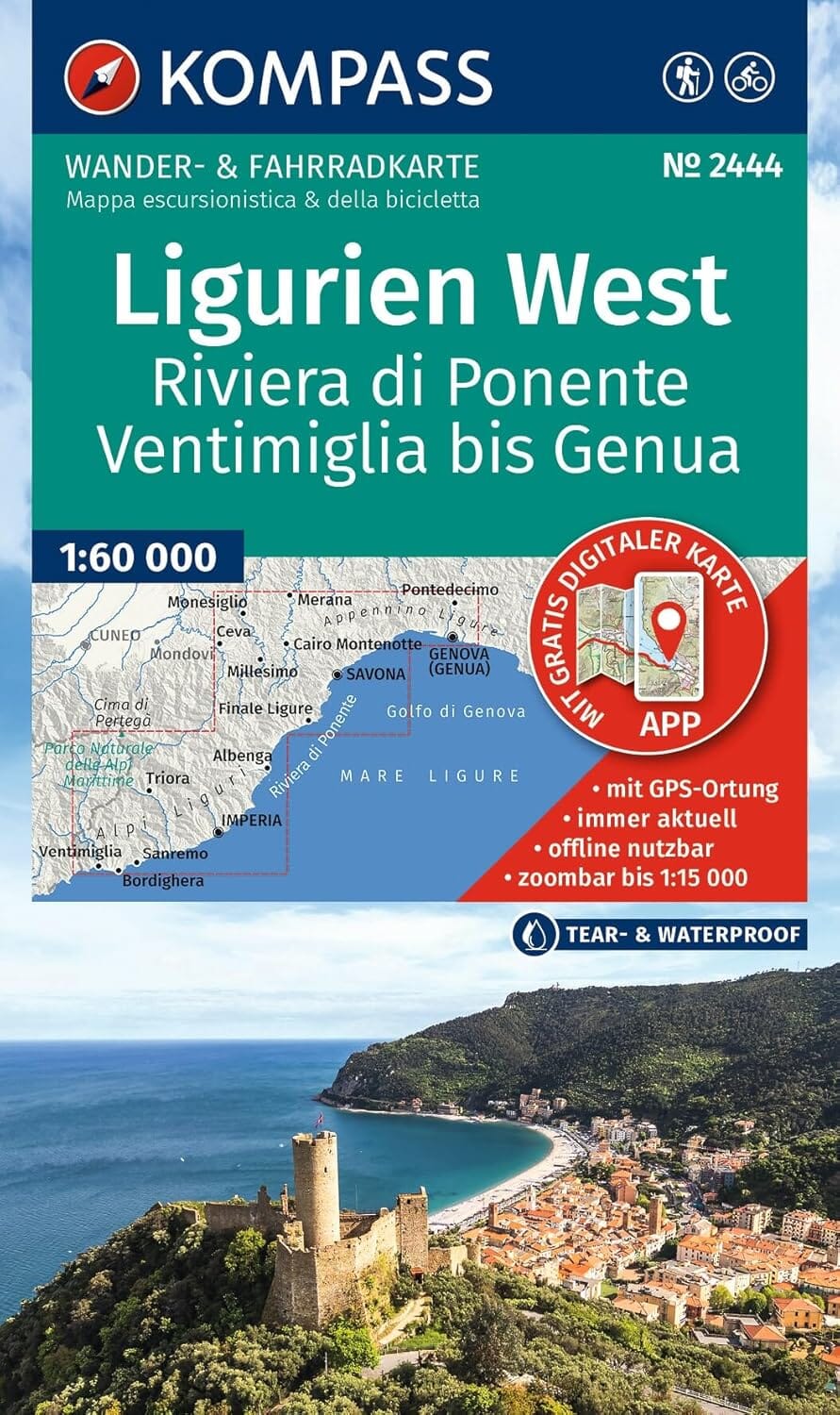 Carte de randonnée - Ligurie occidentale, Riviera di Ponente, de Vintimille à Gênes | Kompass 2444 carte de randonnée Kompass