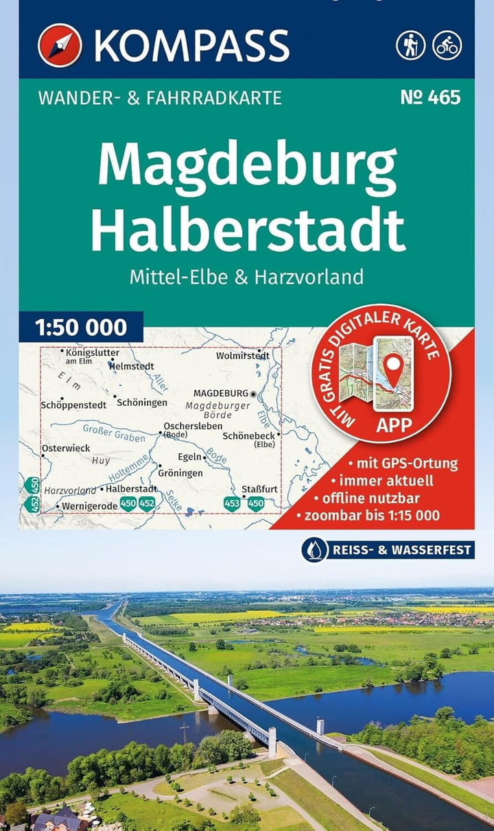 Carte de randonnée - Magdebourg, Halberstadt, Elbe moyenne & contreforts du Harz | Kompass 465 carte de randonnée Kompass 
