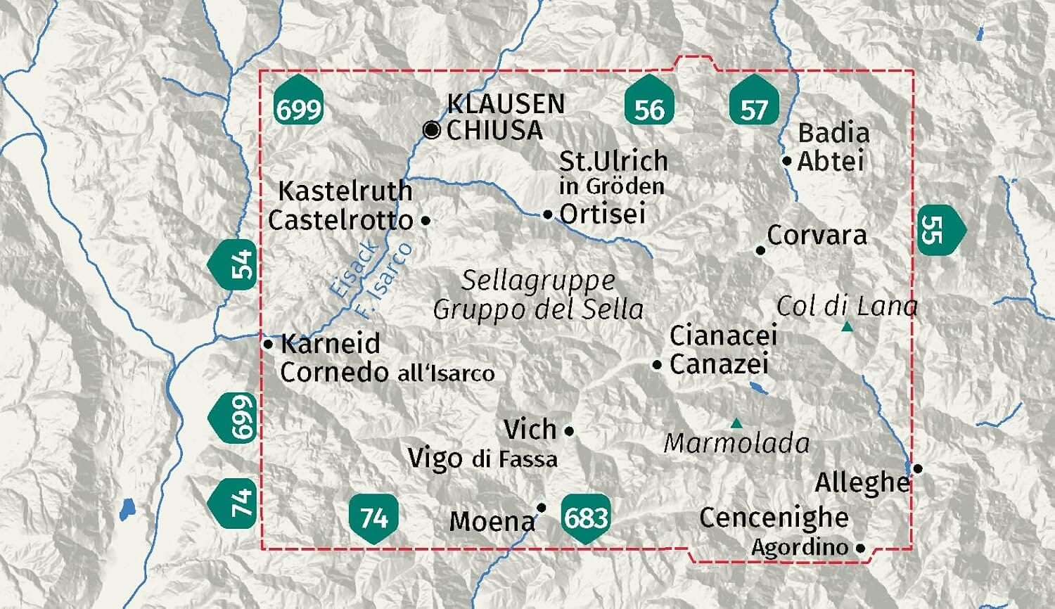 Carte de randonnée - Massif du Sella, Val Gardena & Alpe di Siusi | Kompass 59 - 1:50 000 carte de randonnée Kompass