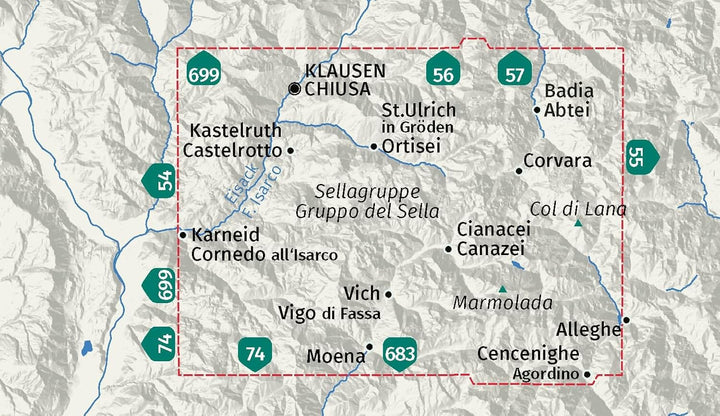 Carte de randonnée - Massif du Sella, Val Gardena & Alpe di Siusi | Kompass 59 - 1:50 000 carte de randonnée Kompass