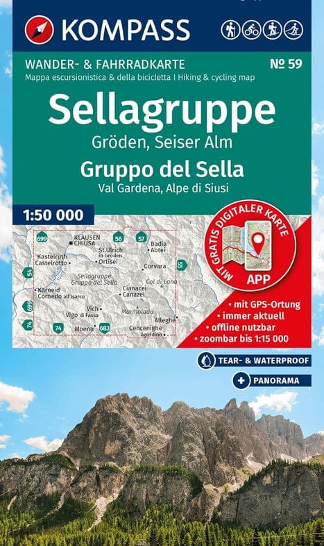 Carte de randonnée - Massif du Sella, Val Gardena & Alpe di Siusi | Kompass 59 - 1:50 000 carte de randonnée Kompass