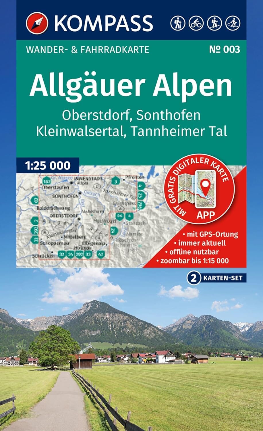 Carte de randonnée n° 003 - Allgäuer Alpen, Oberstdorf, Sonthofen, Kleinwalsertal, Tannheimer Tal (Allemagne) | Kompass carte de randonnée Kompass 