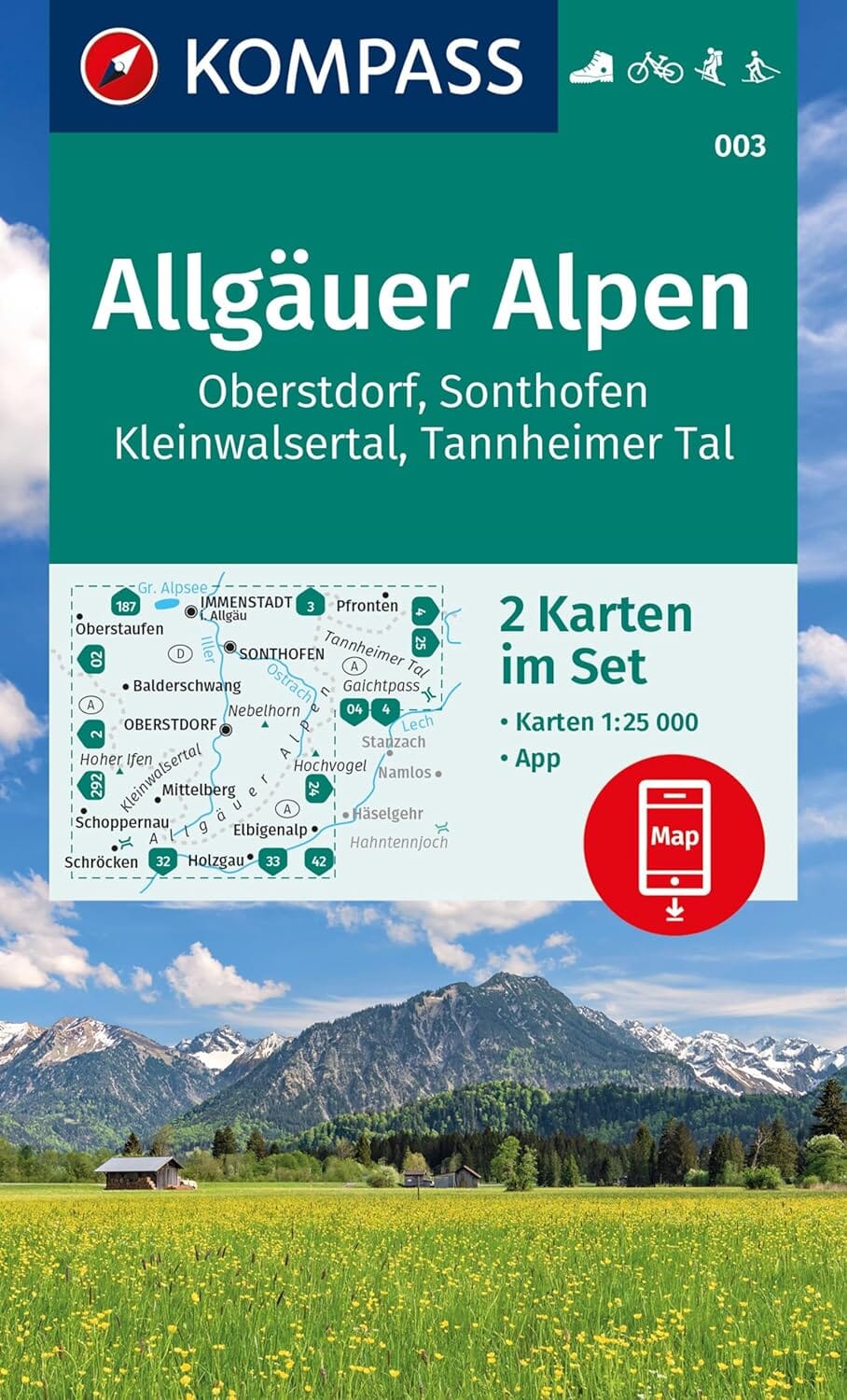 Carte de randonnée n° 003 - Allgäuer Alpen, Oberstdorf, Sonthofen, Kleinwalsertal, Tannheimer Tal (Allemagne) | Kompass carte pliée Kompass 
