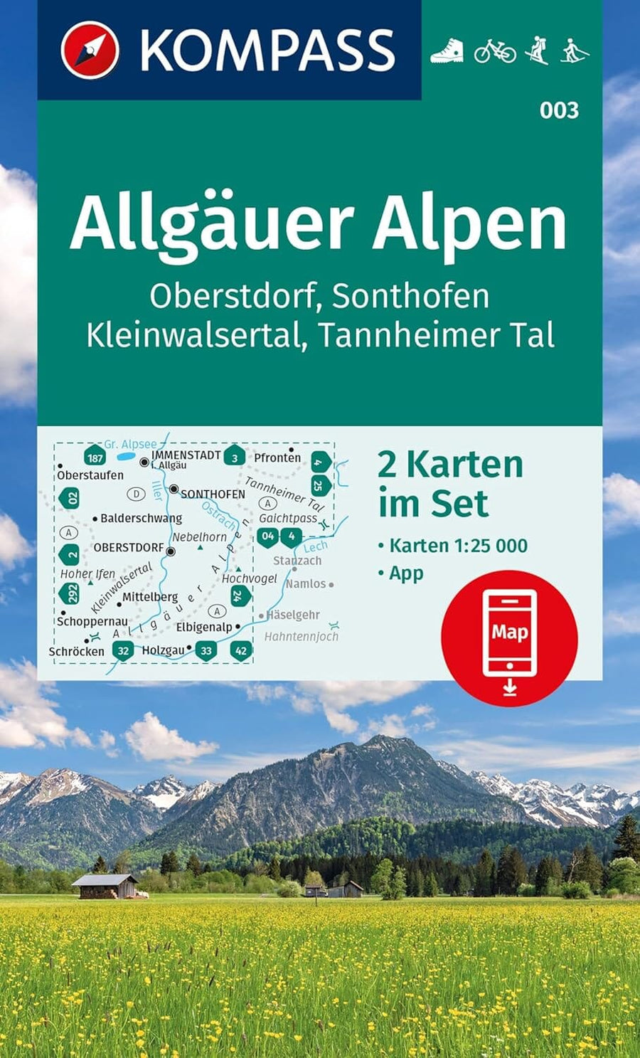 Carte de randonnée n° 003 - Allgäuer Alpen, Oberstdorf, Sonthofen, Kleinwalsertal, Tannheimer Tal (Allemagne) | Kompass carte pliée Kompass 