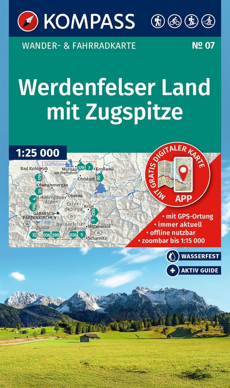 Carte de randonnée n° 007 - Werdenfelser Land mit Zugspitze (Allemagne) | Kompass carte de randonnée Kompass