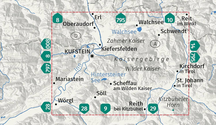 Carte de randonnée n° 009 - Kufstein, Walchsee St. Johann in Tirol (Tyrol, Autriche) | Kompass carte de randonnée Kompass 