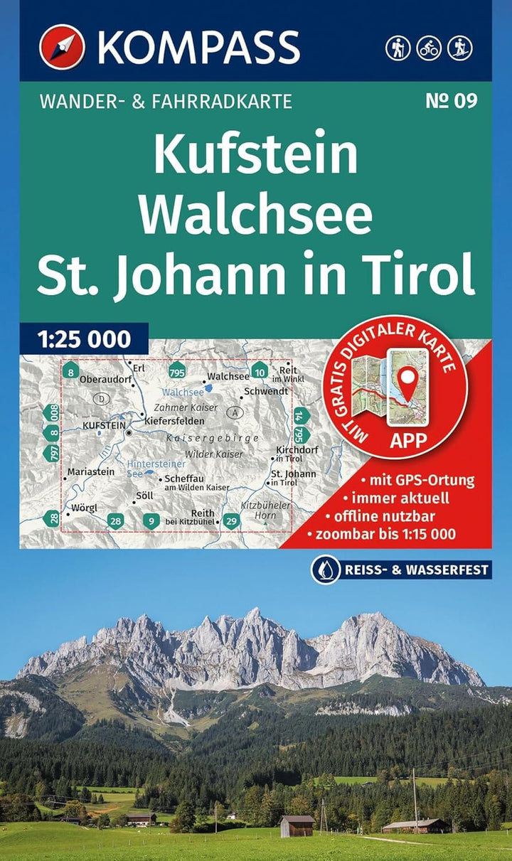 Carte de randonnée n° 009 - Kufstein, Walchsee St. Johann in Tirol (Tyrol, Autriche) | Kompass carte de randonnée Kompass 