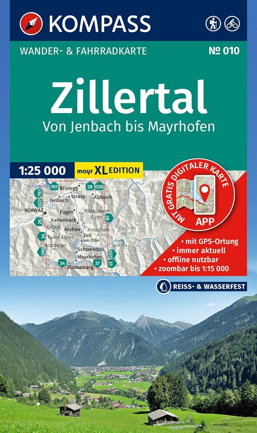 Carte de randonnée n° 010 - Zillertal, Jenbach à Mayrhofen (Autriche) | Kompass carte de randonnée Kompass 