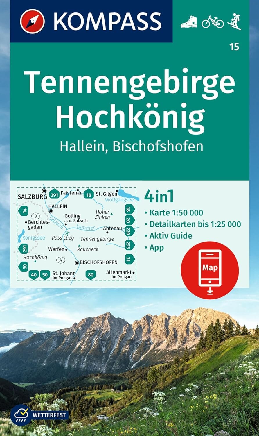 Carte de randonnée n° 015 - Massif de Tennen, Hochkönig (Autriche) | Kompass carte de randonnée Kompass