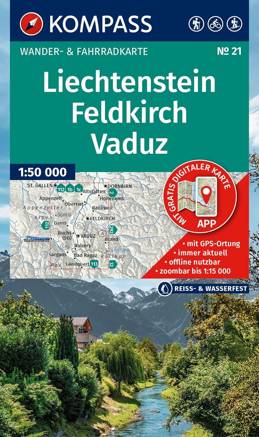 Carte de randonnée n° 021 - Liechstenstein, Feldkirch, Vaduz (Autriche) | Kompass carte de randonnée Kompass